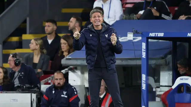 Crystal Palace manager Oliver Glasner points out instructions to his players