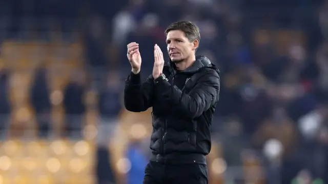 Oliver Glasner, Manager of Crystal Palace, acknowledges the fans after the Premier League match between Wolverhampton Wanderers FC and Crystal Palace FC at Molineux