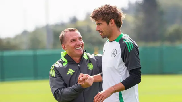 Brendan Rodgers with Matt O'Riley in Celtic training