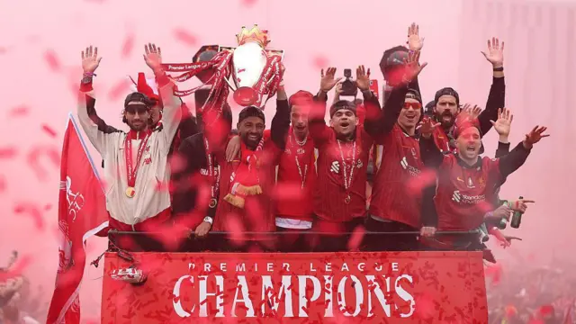 Liverpool players lift the Premier League trophy