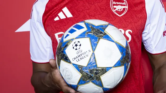 Close up of Champions League ball being held by Arsenal player