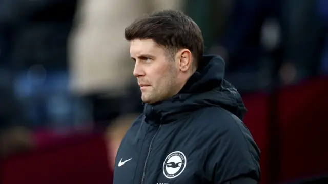 Fabian Hurzeler, Manager of Brighton & Hove Albion, looks on prior to the Premier League match between West Ham United FC and Brighton & Hove Albion FC at London Stadium on December 21, 2024