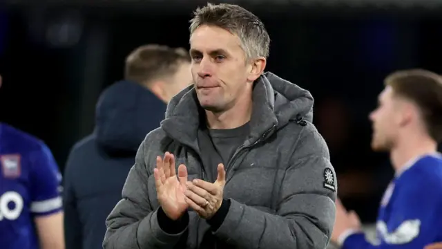 Ipswich boss Kieran McKenna claps the home fans after a 1-0 win over Stoke City in the Championship