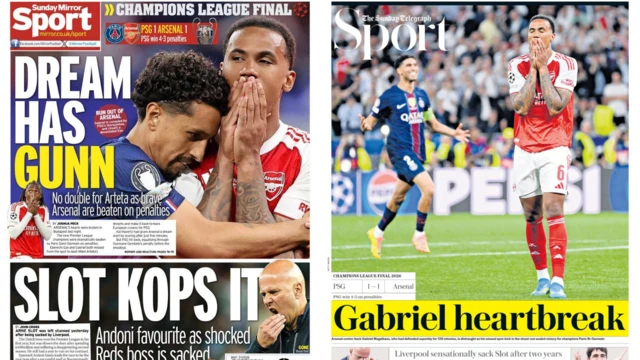 Split picture of Mirror back page and Telegraph sports section