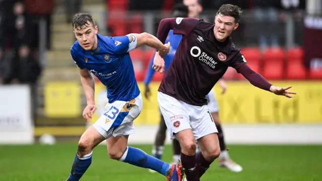 St Johnstone's Sven Sprangler and Hearts' Blair Spittal battle for the ball.