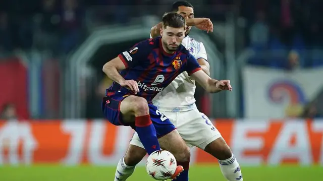 Leo Leroy tussles with Youri Tielemans in a Europa League clash against Aston Villa