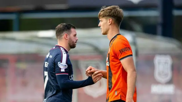 Dundee defender Drey Wright walks past Dundee United's Krisztian Keresztes