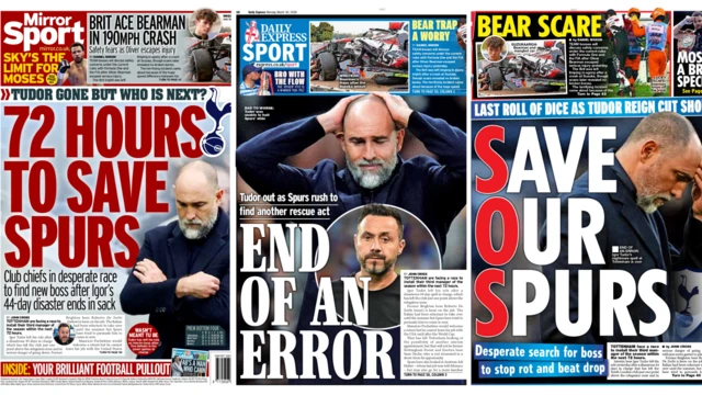 Selection of Monday's back pages detailing Spurs' search for a new manager