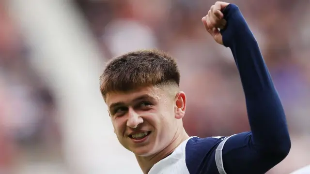 Mikey Moore celebrates after scoring for Tottenham against Hearts in pre-season