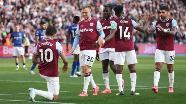 West Ham United's Lucas Paqueta celebrates scoring his side's fourth goal with Jarrod Bowen