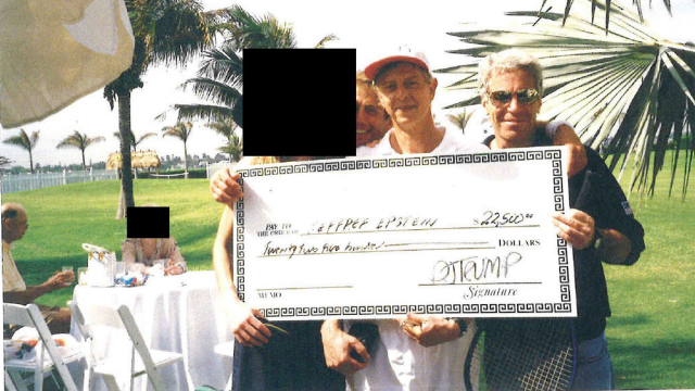 Jeffrey Epstein pictured with Joel Pashcow and a woman whose face has been redacted.