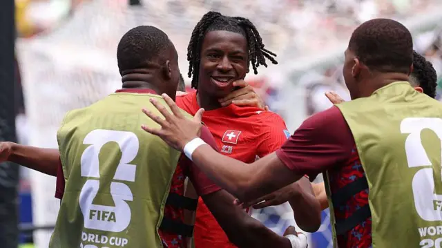 Johan Manzambi celebrating for Switzerland