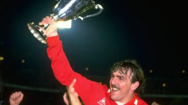 Neville Southall holds the 1985 Cup Winners' Cup trophy