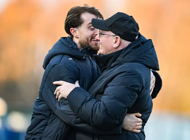 Falkirk's Brad Spencer (L) and Manager John McGlynn at full time during a William Hill Premiership match between Falkirk and Kilmarnock at the Falkirk Stadium, 