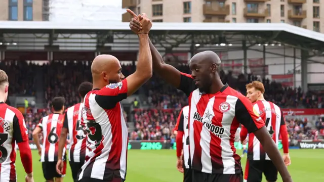 Bryan Mbeumo and Yoane Wissa celebrate goal