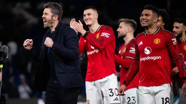 Head Coach Michael Carrick of Manchester United celebrates