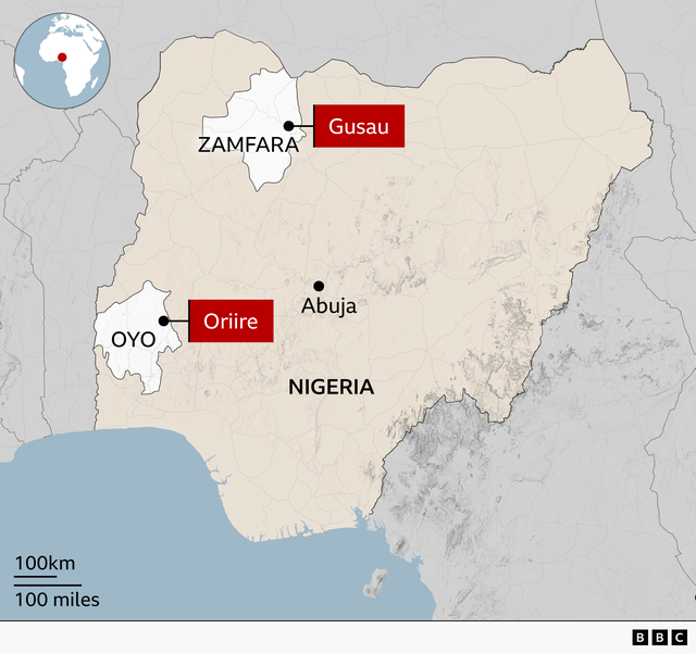 A representation of Nigeria showing Gusau successful Zamfara authorities successful the north-west, and Oriire successful Oyo authorities successful the south-west. The capital, Abuja, is marked successful the centre.