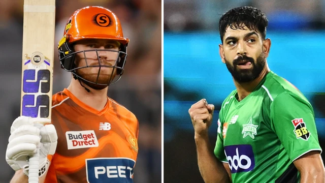 A split graphic of Perth Scorchers' Finn Allen and Melbourne Stars' Haris Rauf