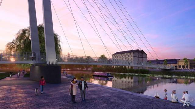 Mock-up of the bridge during sunset where people are walking along the riverside and sitting along the river.