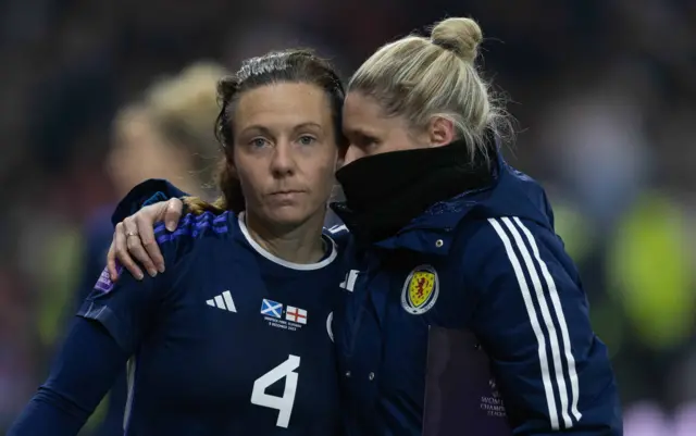 Scotland's Rachel Corsie and Shelly Kerr look dejected at full time during a UEFA Women's Nations League match between Scotland and England at Hampden Park