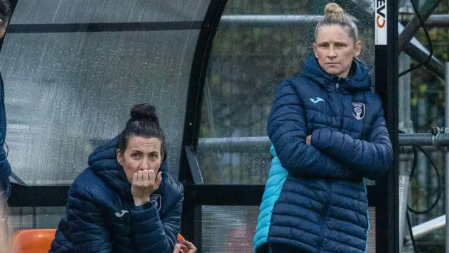 Glasgow City Head Coach Natalie Ross (R) and Assistant Coach Leanne Crichton (L) during an SWPL match between Glasgow City and Rangers at Petershill Park