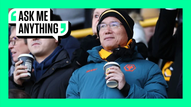 Graphic with the words 'Ask Me Anything' on a photo of Guo Guangchang, Chairman of Fosun International, is seen in attendance prior to a Wolves Premier League match