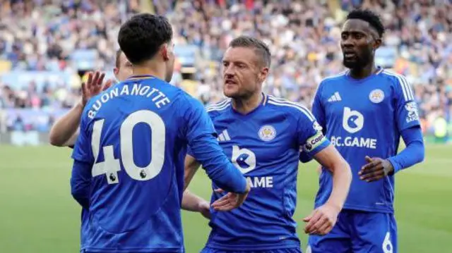 Facundo Buonanotte of Leicester City celebrates with Jamie Vardy after scoring a goal for the Foxes