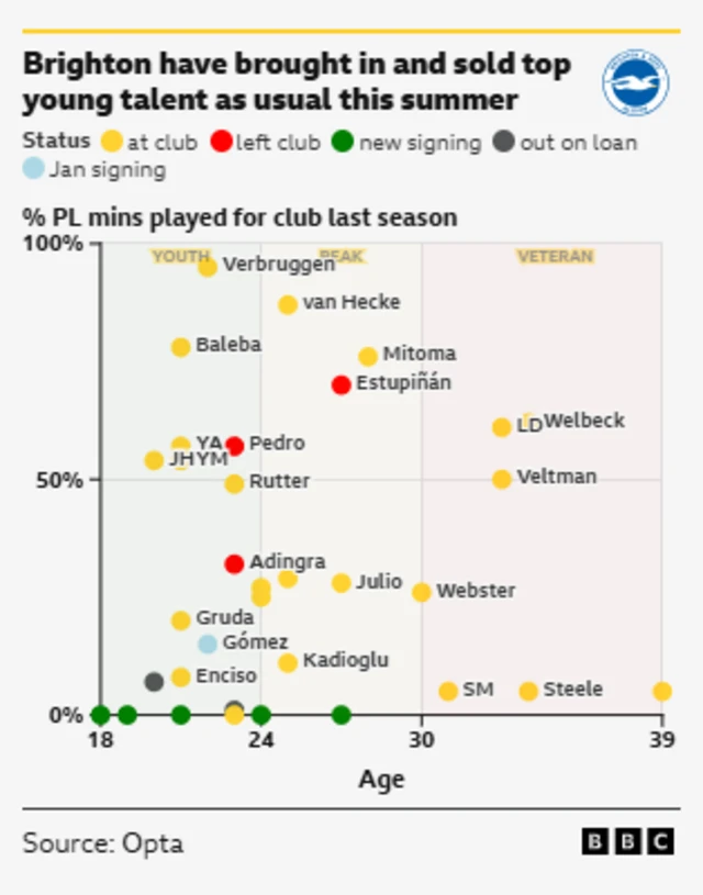 This chart from BBC and Opta visualizes Brighton's player activity and performance based on age and playing time: