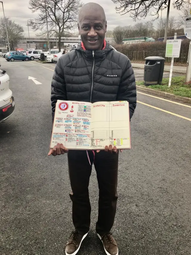 Gary Bennett holds Nick Barnes' commentary note book for Bristol City.