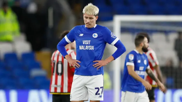 Cardiff City midfielder Rubin Colwill looks dejected