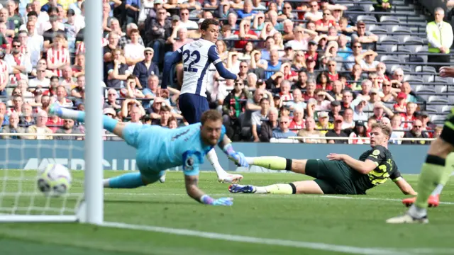 Tottenham's Brennan Johnson scores against Brentford