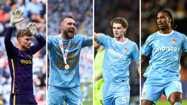 Carl Rushworth, Matt Grimes, Jack Rudoni and Haji Wright all in Coventry City kit. Grimes has a Championship medal around his neck.