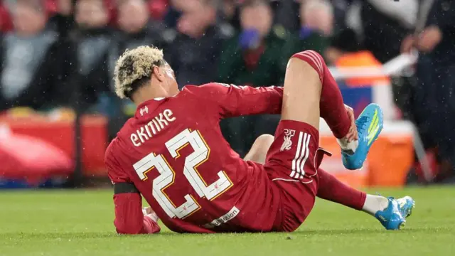 Hugo Ekitike of Liverpool suffers an achilles tendon injury