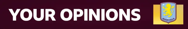 A claret banner with YOUR OPINIONS written in white block capitals. On the right side, is a Aston Villa crest on a yellow background
