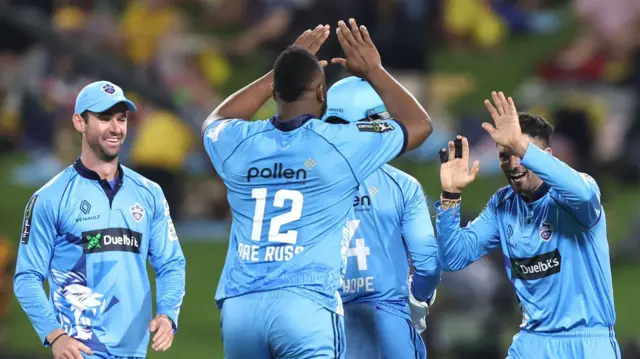 Keshav Maharaj of Pretoria Capitals celebrates the wicket with players during match 28 of the Betway SA20 season 4 between Joburg Super Kings (JSK) and Pretoria Capitals
