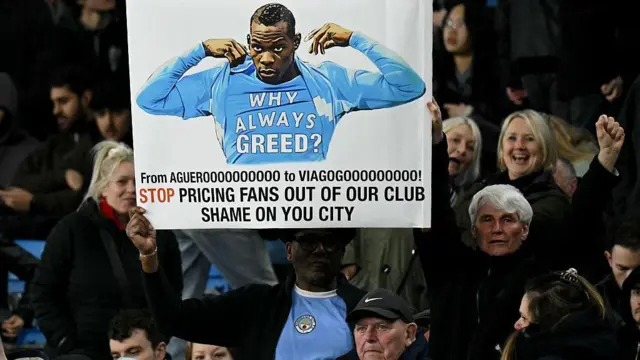 Fans hold a banner in protest of ticket prices