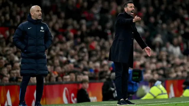 Chelsea's Italian head coach Enzo Maresca (L) and Manchester United's Dutch interim head coach Ruud van Nistelrooy shout instructions to the players from the touchline during the English Premier League football match between Manchester United and Chelsea at Old Trafford