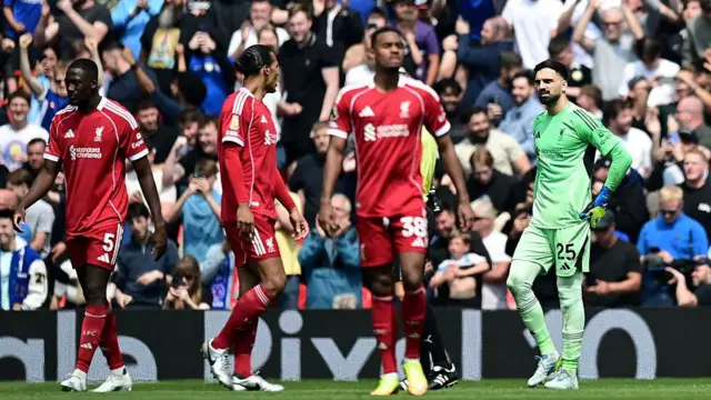 Liverpool players Ibrahima Konate, Virgil van Dijk, Ryan Gravenberch and Giorgi Mamardashvili reacting after Chelsea scored.