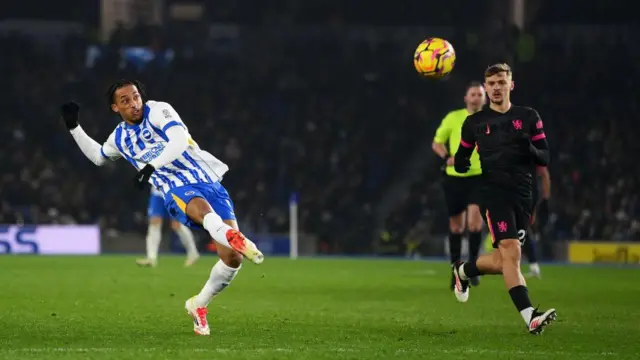 Joao Pedro takes a shot during Brighton's game against Chelsea at Amex Stadium in February 2025