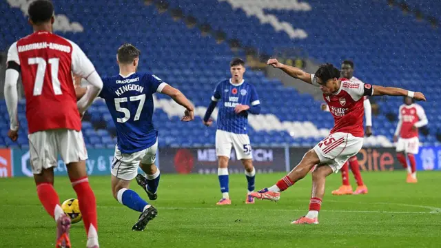 Marcell Washington scores Arsenal's goal during the Vertu EFL Trophy match between Cardiff City and Arsenal U21