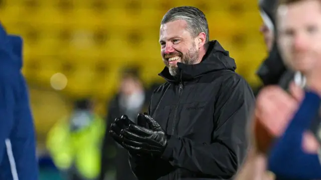 Aberdeen manager Jimmy Thelin celebrates at full time during a William Hill Premiership match between Livingston and Aberdeen at the Home of the Set Fare Arena