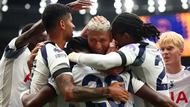 Richarlison of Tottenham Hotspur celebrates with team mates after he scored his second goal for 2-0 during the Premier League match between Tottenham Hotspur and Burnley at Tottenham Hotspur Stadium