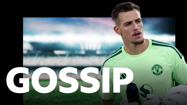 Radek Vitek, wearing Manchester United's fluorescent green goalkeeping shirt, during a pre-season friendly against Wrexham. Vitek is pictured on BBC Sport's gossip column graphic which has 'gossip' written in white letters on top of a blurred out floodlit football stadium
