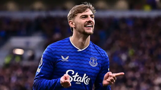 Kiernan Dewsbury-Hall of Everton celebrates scoring a goal 