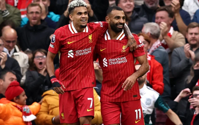 Luis Diaz and Mohamed Salah celebrate as Liverpool beat Brentford 2-0 in the Premier League