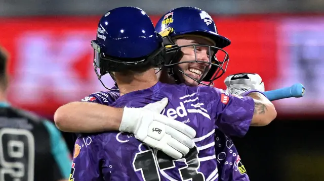 Matthew Wade and Jake Doran, of the Hurricanes, celebrate victory during the BBL match between Brisbane Heat and Hobart Hurricanes