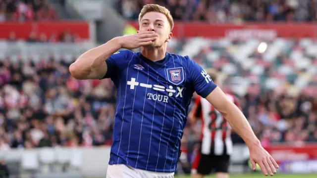 Liam Delap celebrates scoring for Ipswich