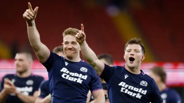 Scotland players Kyle Steyn and George Horne celebrate