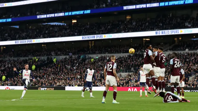 James Maddison of Tottenham Hotspur scores his team's fourth goal from a free kick during the Premier League match between Tottenham Hotspur FC and Aston Villa FC at Tottenham Hotspur Stadium