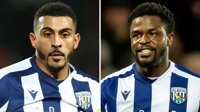 Karlan Grant, left, and Josh Maja, right, both wearing West Bromwich Albion's white and navy blue striped home shirt.